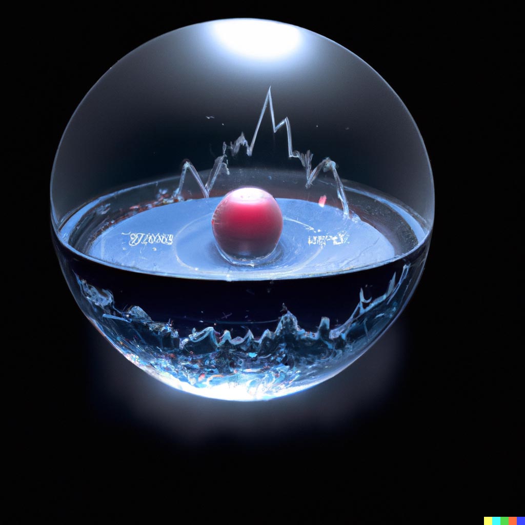 DALL·E prompt: A levitating sphere of water that is a chart plot made of water, 3d render